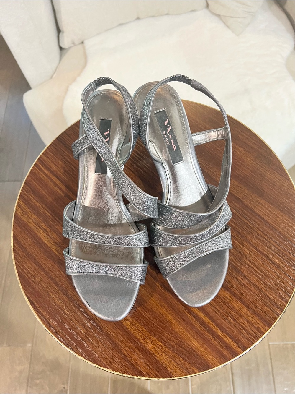 Nina Silver Glitter Strappy Sandals, very good condition, size 9
